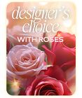 Designer's Choice with Roses in Glass Vase  from The Posie Shoppe in Prineville, OR