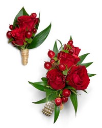 Crimson Corsage and Boutonniere Set from The Posie Shoppe in Prineville, OR