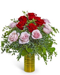 One Dozen Pink and Red Roses in Gold from The Posie Shoppe in Prineville, OR