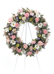 Pastel garden standing wreath from The Posie Shoppe in Prineville, OR