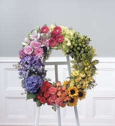 Standing color block wreath from The Posie Shoppe in Prineville, OR