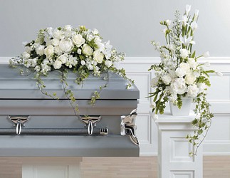 All white Casket spray and Sympathy arrangement from The Posie Shoppe in Prineville, OR