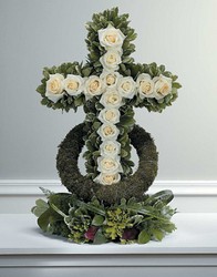 White rose accented cross from The Posie Shoppe in Prineville, OR