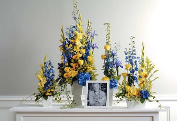 Blue and yellow memorial setting from The Posie Shoppe in Prineville, OR