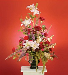 Red and pink arrangement featuring lilies from The Posie Shoppe in Prineville, OR